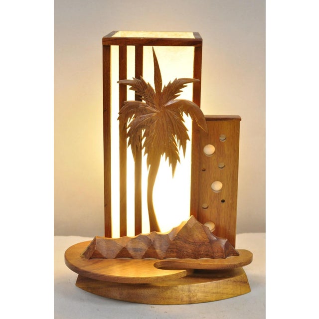 Vintage Mid Century Modern Carved Hawaiian Koa Wood Palm Tree Tiki Table Lamp For Sale - Image 15 of 15