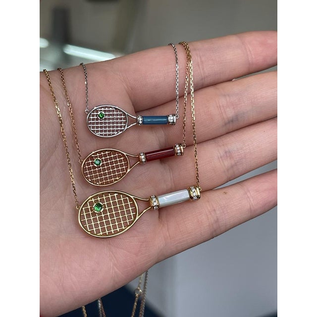 Diamond White Pearl Emerald 18 Karat Gold Tennis Racket Charm Pendant Necklace For Sale - Image 9 of 17