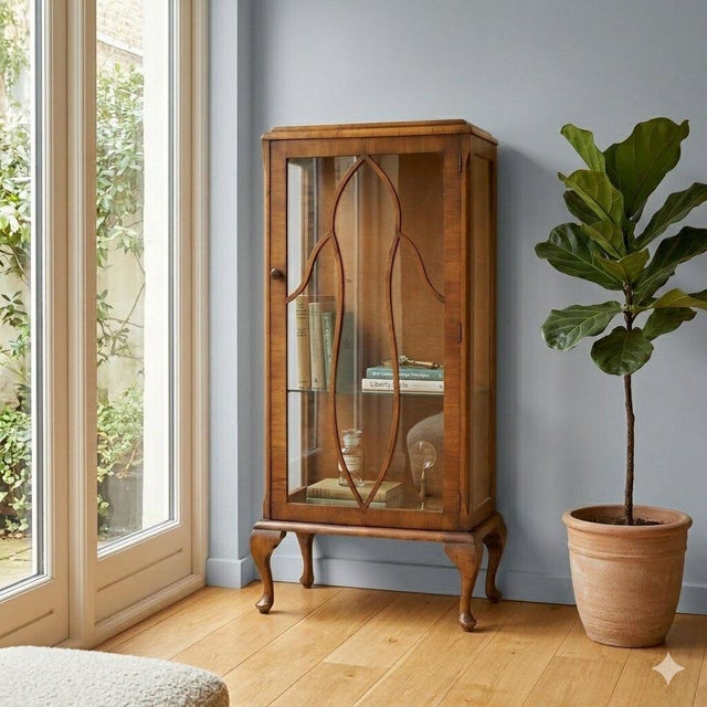 Small Art Nouveau walnut display cabinet. Glass front door supported by curved wooden frames, glass sides, and curved...