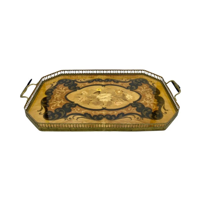 Traditional Early 20th Century Marquetry Serving Tray Platter Wood Floral Flower With Brass Gallery For Sale - Image 3 of 12
