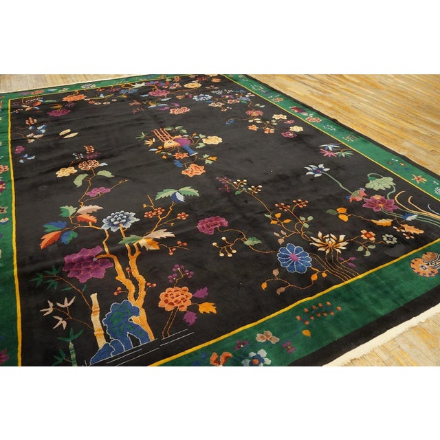 Black A Colorful Floral Design in a Blackground Color Antique Chinese Art Deco Rug For Sale - Image 8 of 12