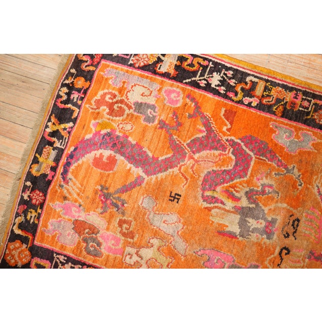 Folk Art Orange Dragon Vintage Tibetan Rug - 3'4" x 5'7" For Sale - Image 3 of 9