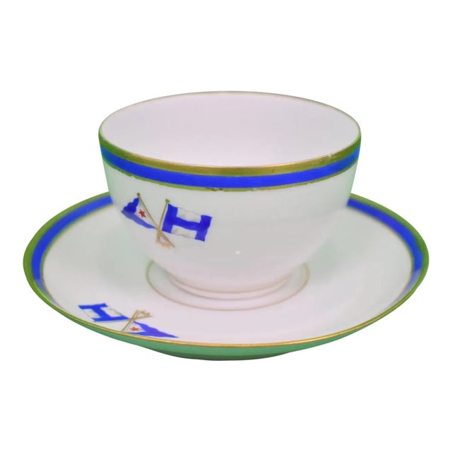 1930s Private Beverly Ma Yacht Club 'Burgee' (Left) X Private Signal (Right) Cup & Saucer Set Made in France For Sale