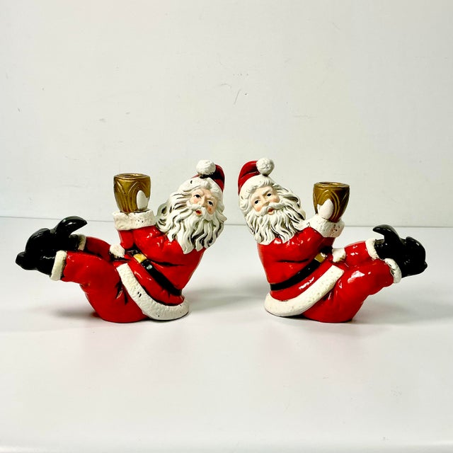 Figurative 1950s Vintage Americana Boho Chic Whimsical Kick-Backed Santa Candle Holders - A Pair, Christmas For Sale - Image 3 of 11