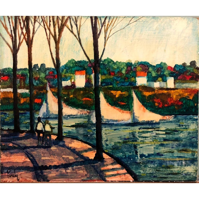 Donald Roy Purdy, River Walk, American Modernist Oil Painting Landscape with River and Boats For Sale