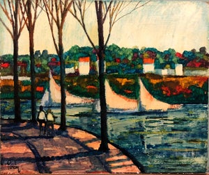 Donald Roy Purdy, River Walk, American Modernist Oil Painting Landscape with River and Boats