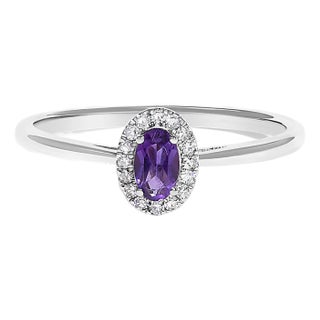 10K White Gold 5X3MM Oval Purple Amethyst and Diamond Accent Halo Ring (I-J Color, I1-I2 Clarity) - Ring Size 6.5 For Sale