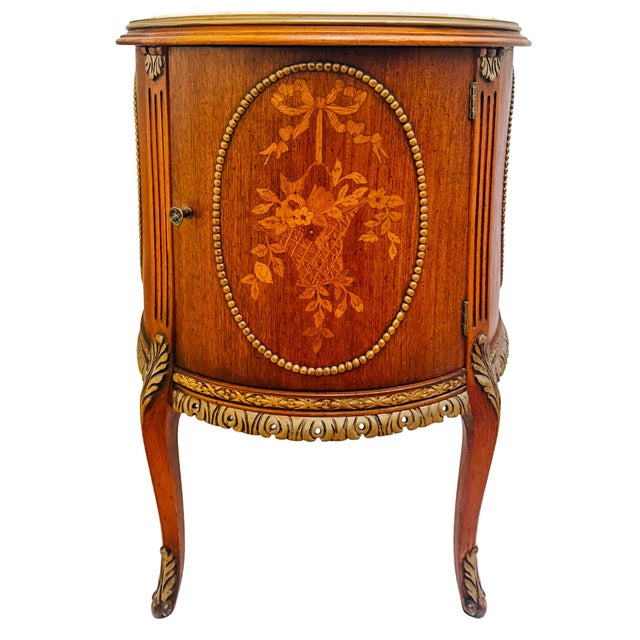 French Louis XVI Style Round Gueridon Commode Tables With Carrara Marble & Floral Marquetry - A Pair For Sale - Image 3 of 18