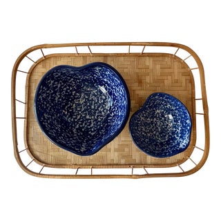 Vintage Cobalt Blue Spongeware Batter Bowls, Set of 2 For Sale