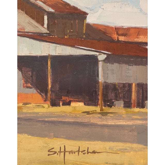 Cotton Gin by Stephanie Hartshorn | Oil on Board Painting of a cotton gin and water tower For Sale - Image 4 of 5