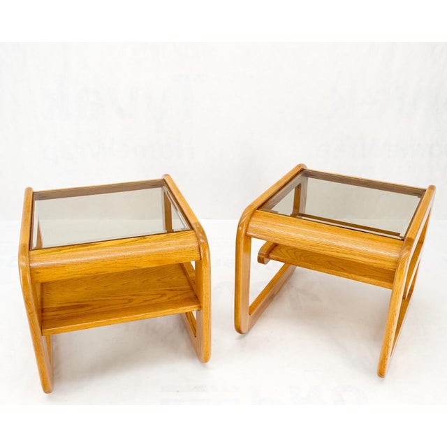 Pair of Mid-Century Solid Oak Smoked Glass Top End Side Tables W Shelves Mint! For Sale - Image 10 of 18