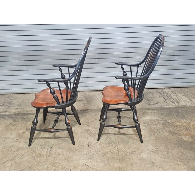 Black Pair of Late 20th Century Tiger Maple & Black Continuous Windsor Arm Chairs Bench Made For Sale - Image 8 of 11