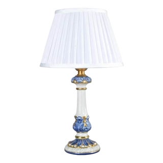 Blue and White Ceramic Table Lamp with Gilded Details and Pleated Shade, 1970s For Sale