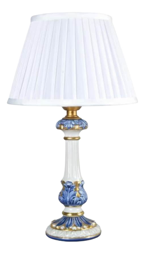 Blue and White Ceramic Table Lamp with Gilded Details and Pleated Shade, 1970s