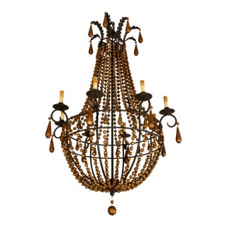 Wood Beaded Neoclassical Eight Arm Chandelier For Sale