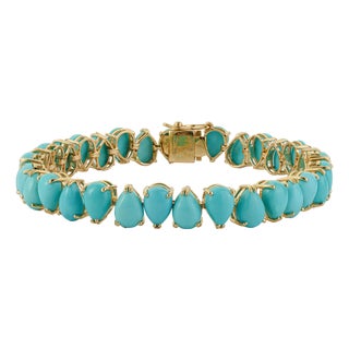 19.77ct Natural Turquoise Pear-Shaped Cabochon Tennis Bracelet 14k Yellow Gold For Sale