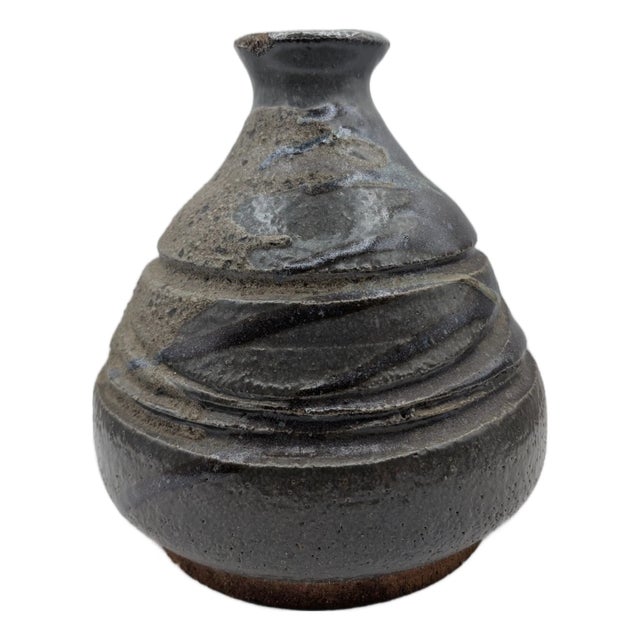 Vintage Mid Century Studio Pottery Multi Textured Speckled Stoneware Vase For Sale
