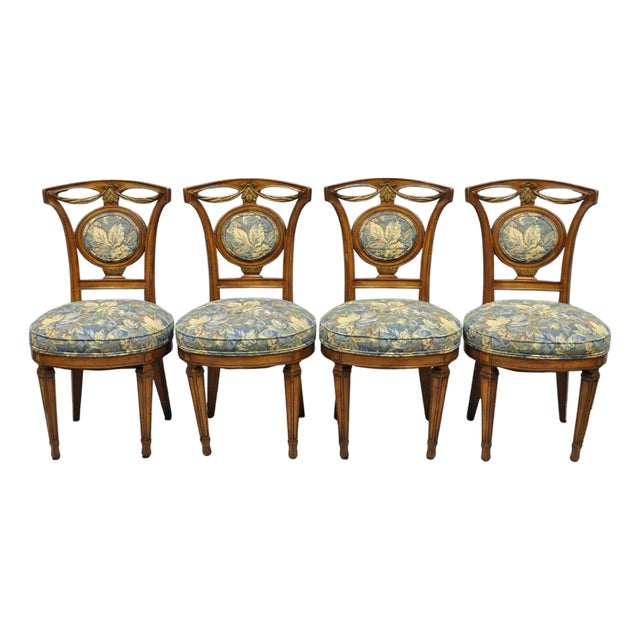 Vintage French Regency Style Carved Walnut Drape Back Dining Side Chair Set of 4 For Sale