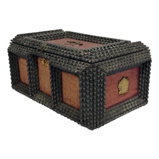 Antique Tramp Art Box "Happy Easter" With Velvet and Brass Details For Sale