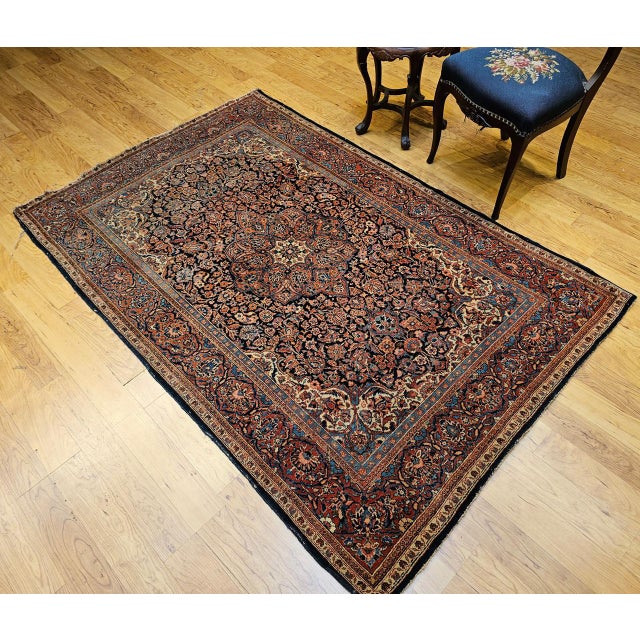 Persian Vintage Kashan Rug, Hand-Knotted Wool, Floral Pattern, Navy & Blue, 5x7 For Sale - Image 3 of 17