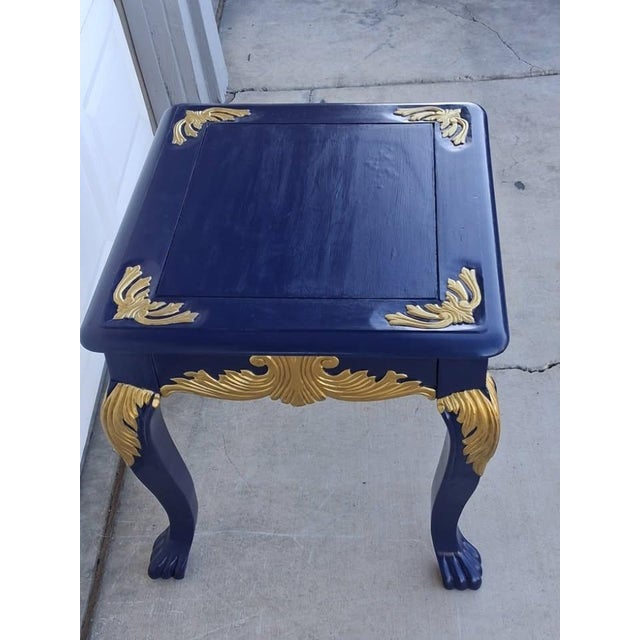 Navy Blue Upcycled Hollywood Regency Navy Blue & Gold Gilded Clawfoot Side Table For Sale - Image 8 of 8