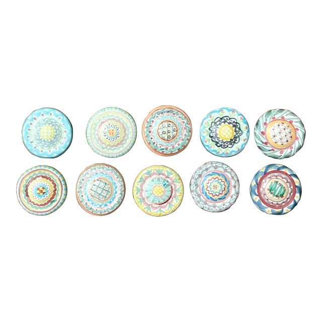 Vintage Regency Mackenzie Childs Glazed Ceramic Drawer Pulls - Set of 10 For Sale