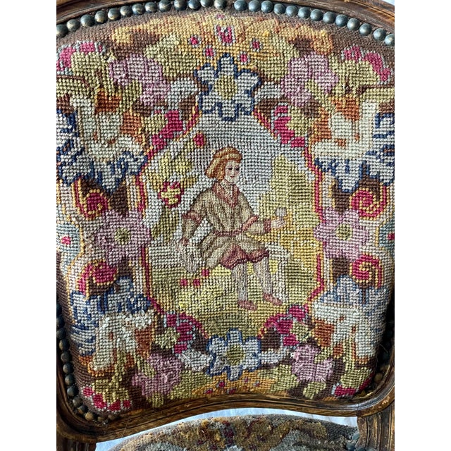 Brown 19th C French Needlepoint Carved Diminutive Fauteuil For Sale - Image 8 of 12
