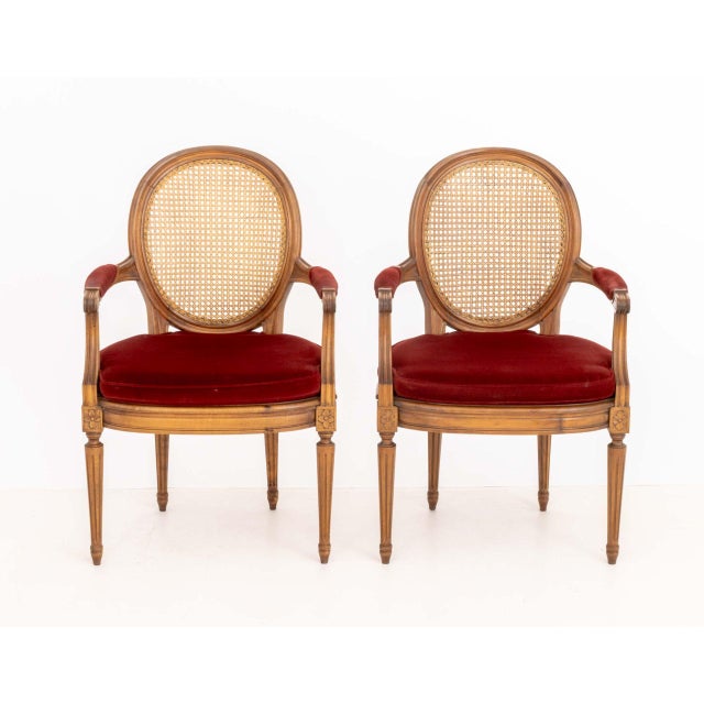 Pair of Louis XVI Style Red Velvet Upholstered Cane Paneled Walnut Fauteuils For Sale In New York - Image 6 of 13
