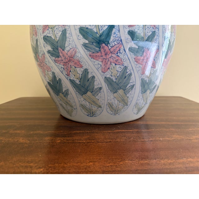 Ceramic Vintage Chinoiserie Blue, Pink & Green Floral Ceramic Fishbowl Planter For Sale - Image 7 of 10