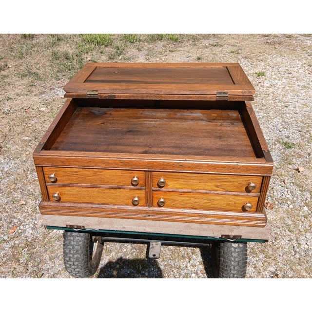 Late 19th Century Antique Oak 4 Drawer Lift Top Spool Cabinet Desk 1890s For Sale - Image 5 of 12