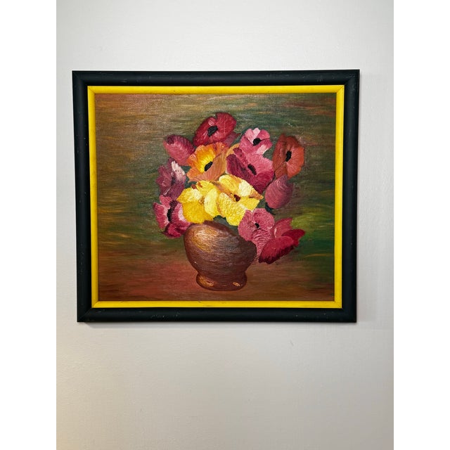 Vintage original framed oil painting depicting a colorful bouquet of stylized flowers in a bronze colored vase. Executed...