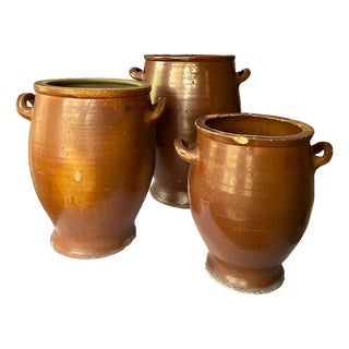 Antique 19th Century Handmade French Brown Slip Salt Glazed Terracotta Confit Pots – Set of 3 For Sale
