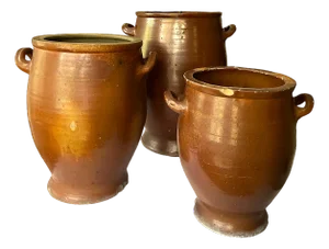 Antique 19th Century Handmade French Brown Slip Salt Glazed Terracotta Confit Pots – Set of 3