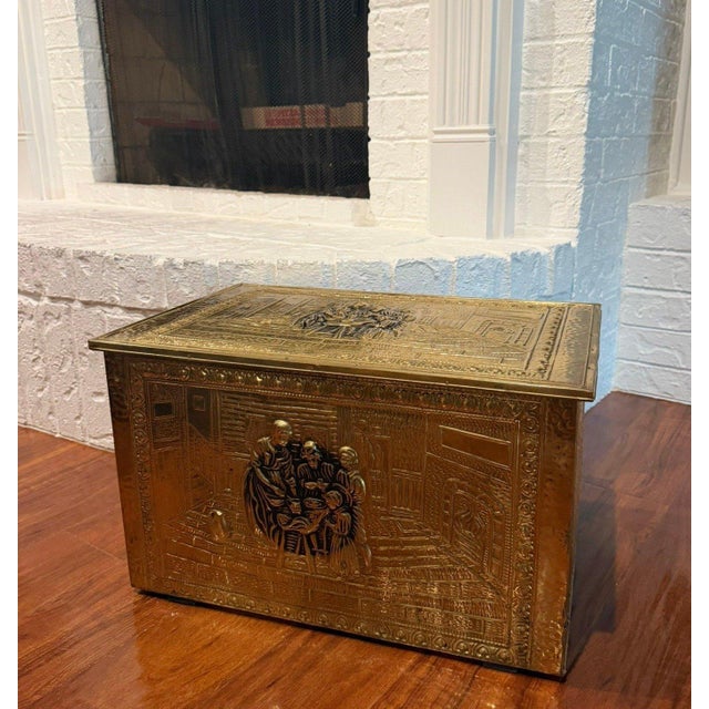 Vintage Embossed Brass Clad Wood Hearth Storage Chest European Family Scene For Sale In Dallas - Image 6 of 12