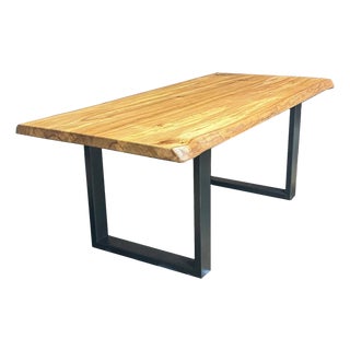 Live Edge Oak Dining Table With Iron Base For Sale