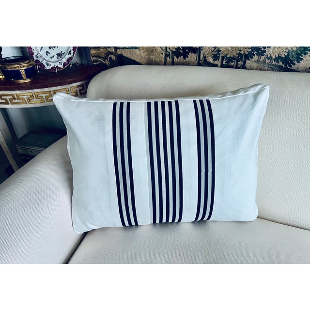 Contemporary Single Reversible Cushion/Pillow With Navy Blue Stripes on White Fabric For Sale - Image 3 of 9