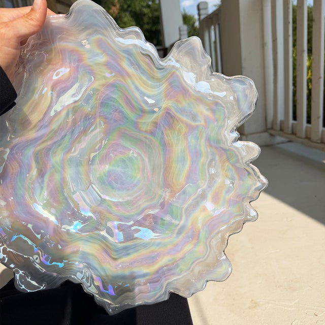 1970s Don Shepherd Style Iridescent Icescape Lettuce or Oyster Art Glass Centerpiece Bowl For Sale - Image 10 of 12