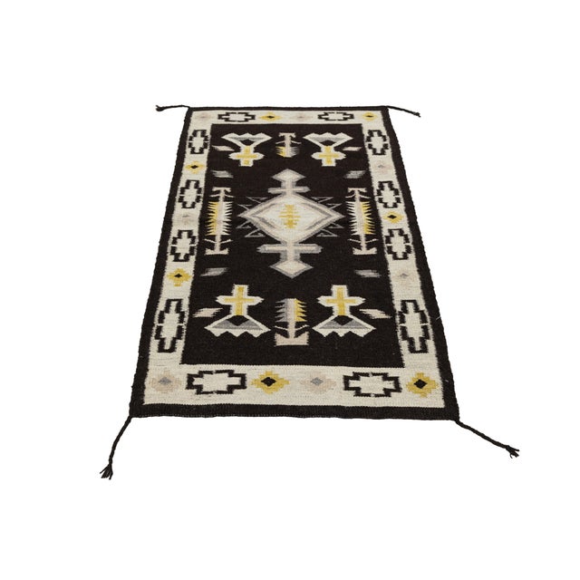 Modern Navajo Style Handmade Wool Area Rug in Black, Cream & Ochre Accent For Sale In New York - Image 6 of 8