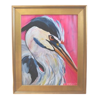 Bold Colorful Nautical Great Blue Heron Painting Including the Antiqued Gold Wood Frame For Sale