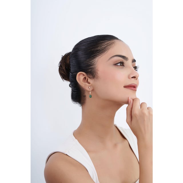 Vibrant 2.69ct Zambian Emerald Diamond Wedding Drop Earrings in 14k Solid Gold- A Pair For Sale - Image 9 of 15