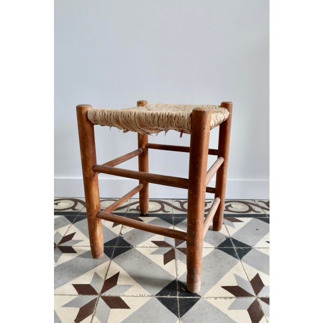 1980s Vintage Low Wooden Stool with Woven Straw Seat, 1980s For Sale - Image 5 of 8