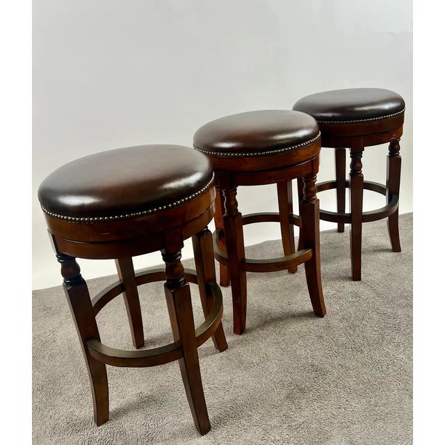 Vintage Traditional Style Frontgate Studded Leather Swivel Stool, a Set of 3 For Sale - Image 15 of 16