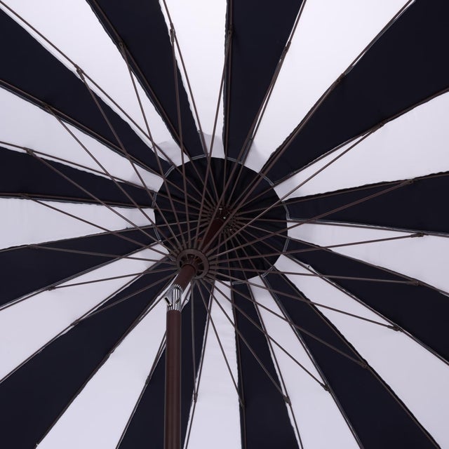 2020s Buti 9 Ft Crank Umbrella, Navy Cabana Stripe/Brown Pole For Sale - Image 5 of 9
