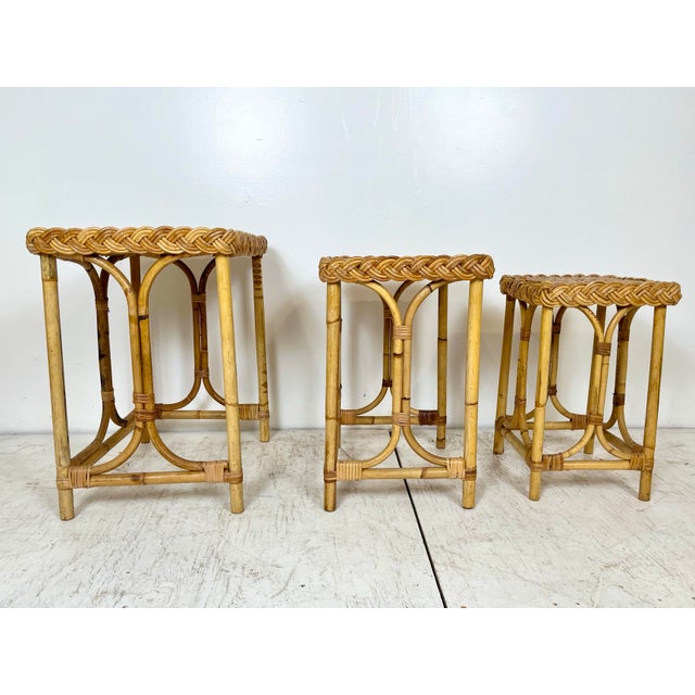 Vintage Wicker Rattan Nesting Side Tables- Set of 3 For Sale - Image 9 of 12