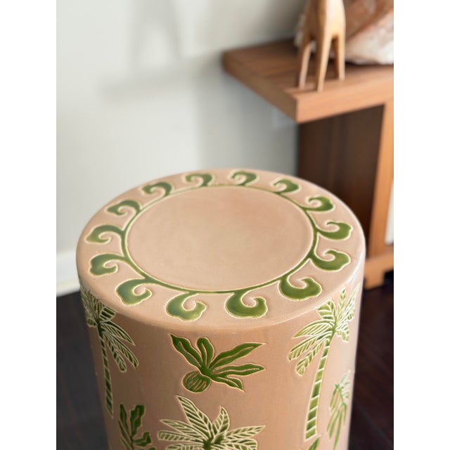 Made Goods Made Goods Tropical Palm Ceramic Garden Stool in Blush & Green Gloss Glaze Indoor Outdoor Side Table For Sale - Image 4 of 12