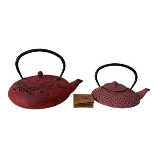 Late 20th Century Asian Cast Iron Enameled Teapots, Pair For Sale