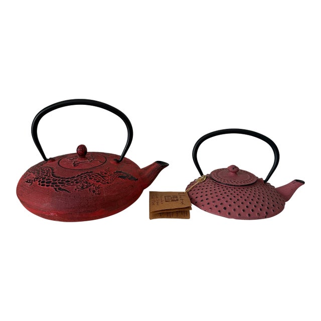 Late 20th Century Asian Cast Iron Enameled Teapots, Pair For Sale