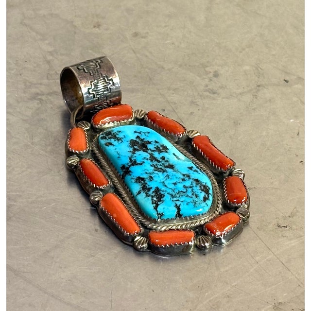 Rita Joe Sterling, Turquoise & Coral Navajo Pendant For Sale - Image 4 of 5