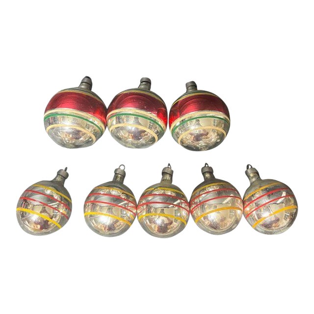 Vintage Lot of 8 Silver Striped Christmas Glass Ball Ornaments Usa For Sale