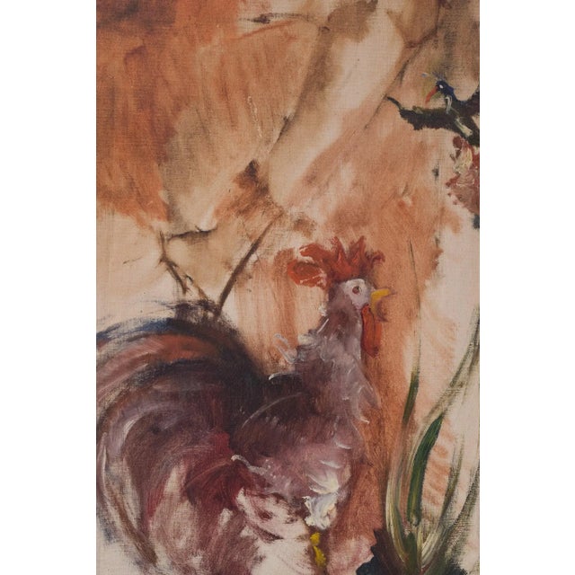 African Dancing Warrior with Cockerel, Mid-20th Century, Oil on Canvas For Sale - Image 6 of 12